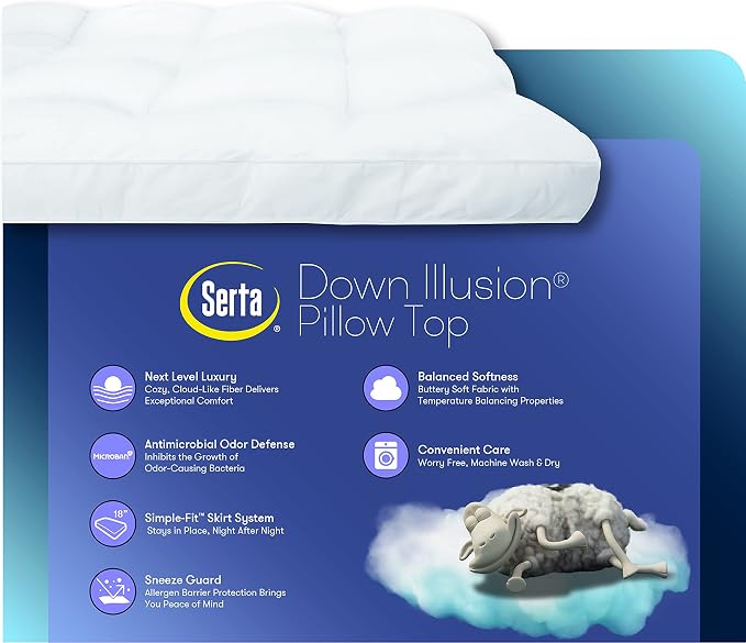 Serta Down Illusion Hypoallergenic Pillowtop Mattress Topper, Twin XL | Plush two-inch pillowtop adds soft cushioning with hypoallergenic fill and a secure Simple Fit design
