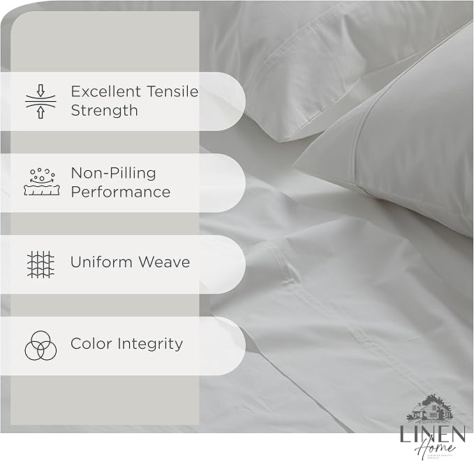 Linen Home 100% Cotton Percale Sheets Queen Size, White, Deep Pocket, 4 Pieces Set - 1 Flat, 1 Deep Pocket Fitted Sheet and 2 Pillowcases, Crisp Cool and Strong Bed Linen (Pack of 2)