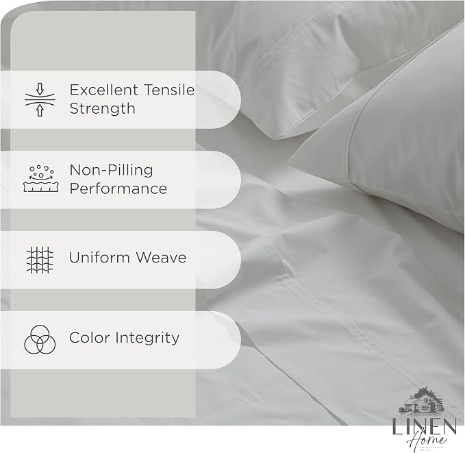 Linen Home 100% Cotton Percale Sheets Queen Size, White, Deep Pocket, 4 Pieces Set - 1 Flat, 1 Deep Pocket Fitted Sheet and 2 Pillowcases, Crisp Cool and Strong Bed Linen