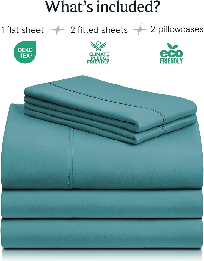 LuxClub 5 PC Split King Sheet Set, Breathable Luxury Bed Sheets, Deep Pockets 18" Eco Friendly Wrinkle Free Cooling Sheets Machine Washable Hotel Bedding Silky Soft - Teal Split King | LuxClub Silky Fitted Sheet & Pillowcase Sets, Breathable Hotel Luxu...