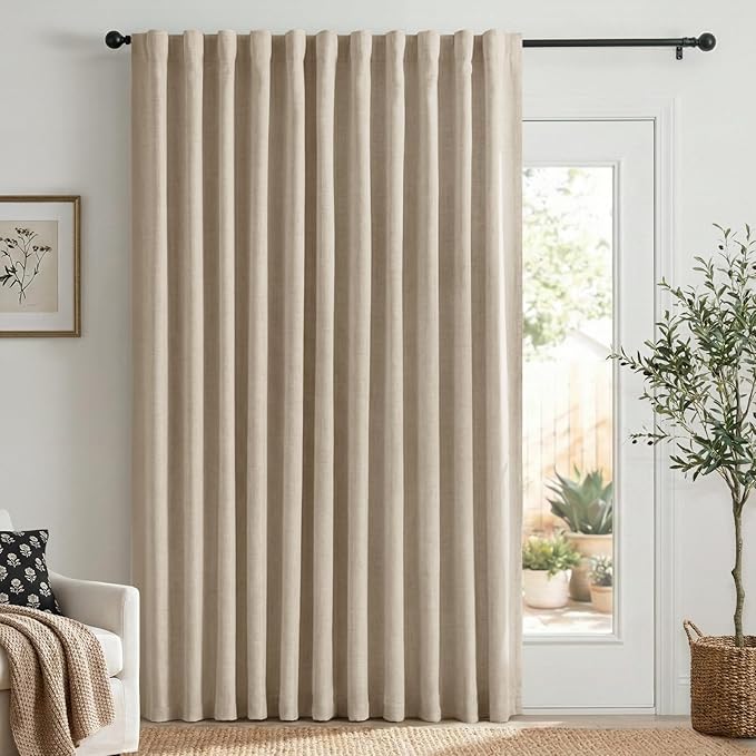 Linen Textured Total Blackout Sliding Door Curtains 84 Inches Long, Oatmeal | 100% Blackout Shield Back Tab/Rod Pocket Sliding Door Curtains, Thermal Insulated Curtains 1 Panel Set, 100"W x 84"L