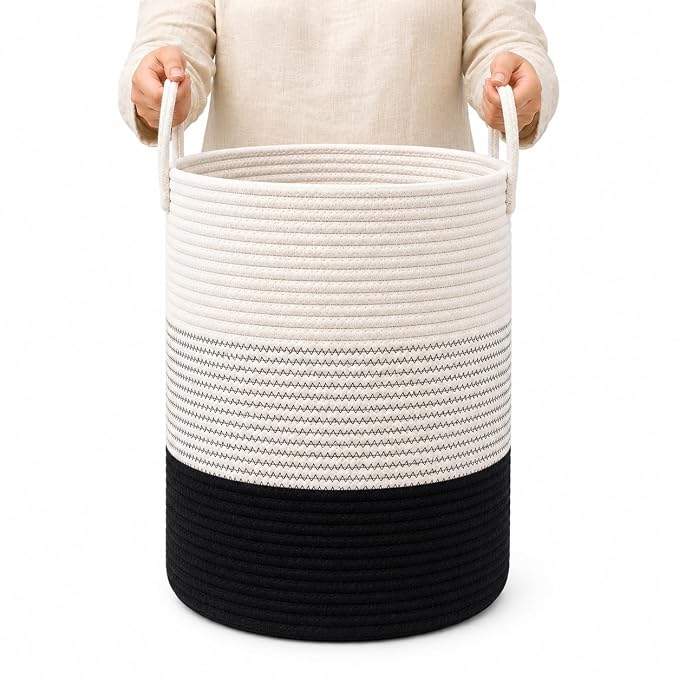 OrganiHaus Tall Cotton Rope Laundry Basket & Hamper, Blanket Storage 52L | 3-Toned Black - Tall Cotton Rope Hamper, 52L