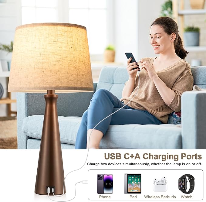 Modern Touch Lamps for Nightstand, 3 Way Dimmable Bedroom Lamp Set of 2 | USB C+A Charging Ports, Brown Bedside Lamps for Bedroom, Living Room, End Table, Bed Side, LED Bulb Included