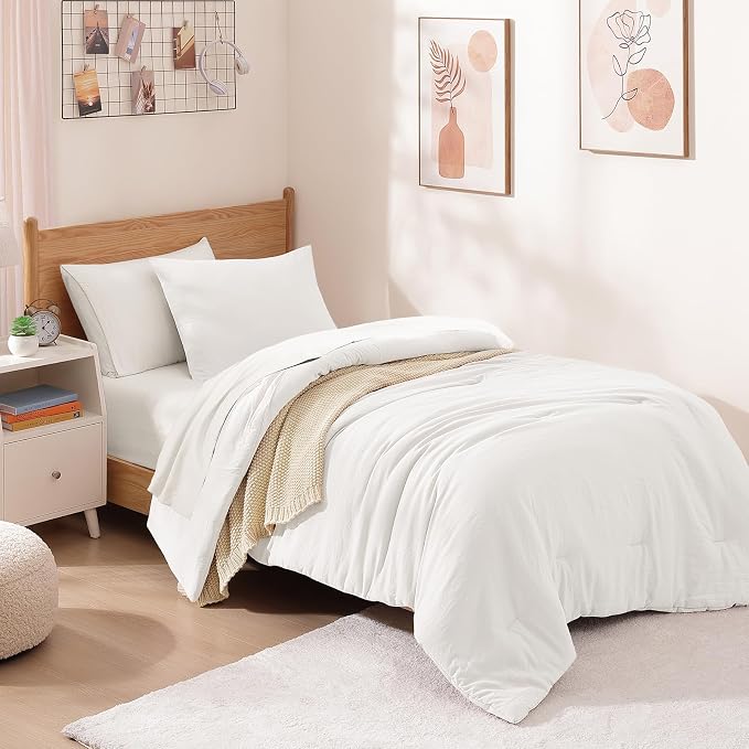 Twin XL Comforter Set- 5 Pieces Prewashed Bed in a Bag Twin Bedding Sets | Soft All Season Comforter with Sheets, Pillow Sham & Pillowcase, White