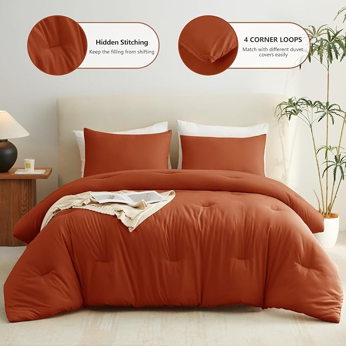 California King Comforter Set, 3 Pieces Terracotta Quilted Bedding | 270 GSM Down Alternative Fill, 4 Corner Ties for Duvet Insert Use, All Season, OEKO-TEX Certified, 2 Pillowcases, 104 x 96 in