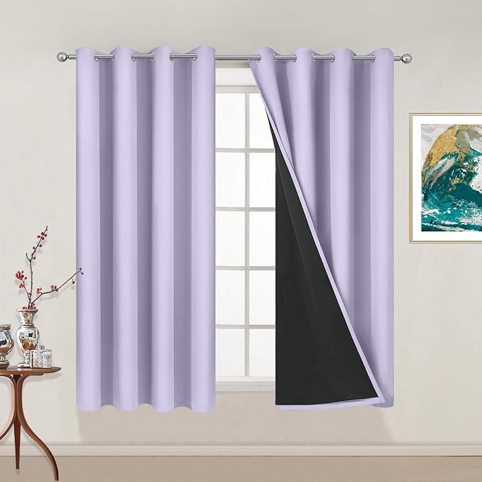 Yakamok Lilac 100% Blackout Curtains 54 Inches Long for Bedroom 52" Wide | Blackout Curtain Panels for Bedroom, 2 Thick Layers Grommet Top Thermal Insulated Drapes with Black Liner for Living Room