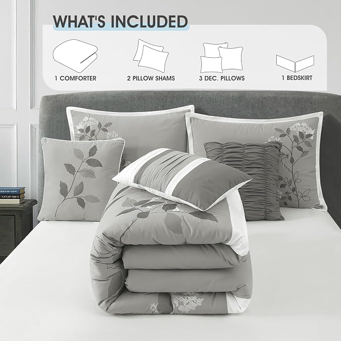 Grey Queen Comforter Set, 7 Pieces Bed in a Bag, Elegant Floral Leaves Embroidery, Soft and Lightweight All Seasons Bedding Set, Bedskirt, Pillow Shams, Decor Pillows