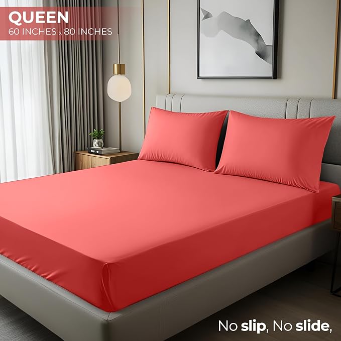 Queen Fitted Sheet, Ultra Soft Fits Up to 16 Inch Deep Pocket, Coral | Hotel Comfort, Cooling & Breathable Cotton like Polyester, Easy Fit, Wrinkle & Fade Resistant, Snug Fit, Easy Care, Oeko-Tex