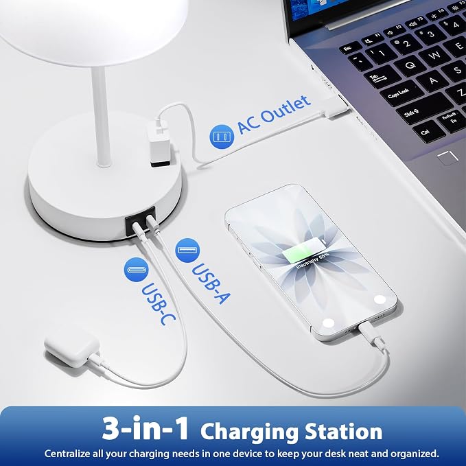 17.6" White Touch Lamps for Bedroom Set of 2 - Dimmable, USB C+A, AC Outlet | Large 17.6" Tall Lamp, 3-Way Dimming, 5000K Daylight Bulbs, White Lampshade White Base, for Living Room, Boys, Men, Girls