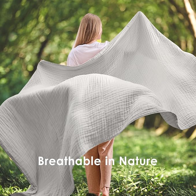 EMME Muslin Blankets for Adults Throw Blanket for Couch Breathable Gauze Soft Lightweight Airy Light Grey Queen 90" x 90"