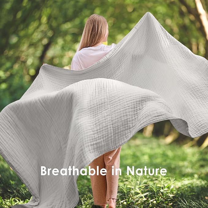 EMME Muslin Blankets for Adults Throw Blanket for Couch Breathable Gauze Soft Lightweight Airy Light Grey Throw 50" x 60"