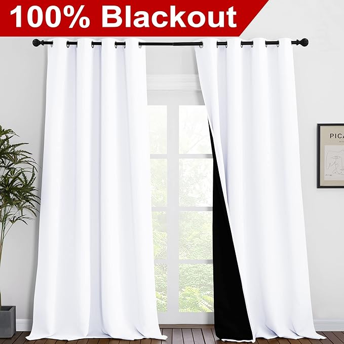 NICETOWN White Blackout Curtains for Bedroom 55" Wide x 96" Long 2 Panels | Full Shading Cold Blocking Super Heavy-Duty Black Lined Drapes for Living Room, Privacy Assured Window Treatment Home Decor