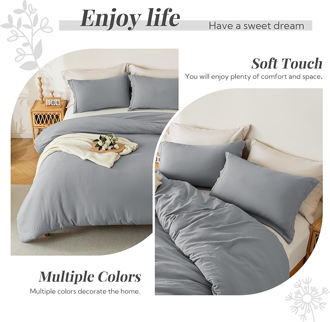 MILDLY Duvet Cover Cal King Ultra Soft Comforter Cover Set 3pcs, Grey | Washed Microfiber Cotton-Like, Breathable Comfort, Hidden Zipper, Corner Ties, OEKO-TEX Certified, Fade Resistant