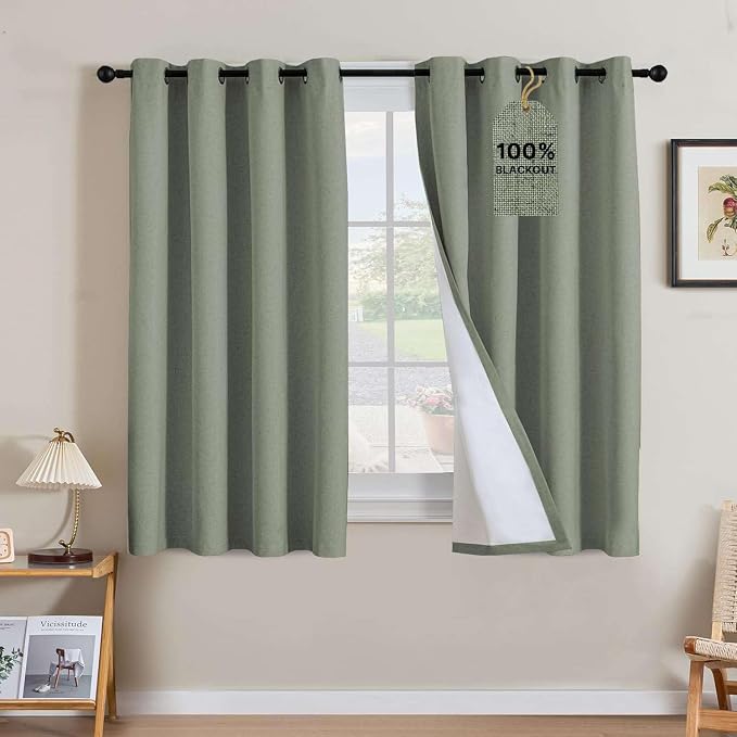 H.VERSAILTEX Linen Curtains 100% Blackout Curtains for Bedroom 84 inch Long Full Light Blocking Nature Linen Blended Window Curtains for Living Room Nickel Grommet (2 Panels, Heathered Dried Sage)
