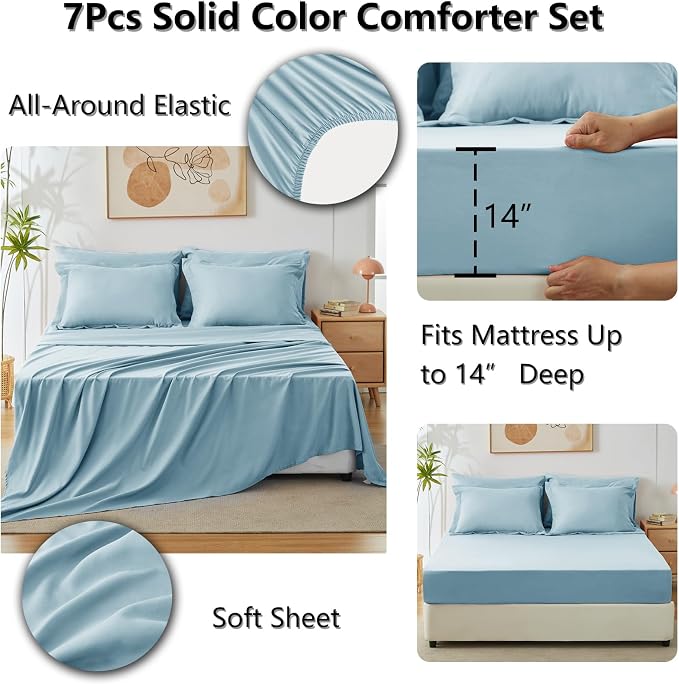 Queen Comforter Set Light Blue, 7 Pieces Bed in a Bag | OEKO-TEX Certified, All-Season, Bedroom, 240GSM Down Alternative Comforter, Flat & Fitted Sheets, 2 Pillowcases & 2 Shams