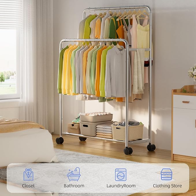 Simple Trending Clothing Clothes Rack, Double Rod Garment Rack, Silver | Portable Closet with Bottom Shelf, Anti-Slip Stoppers, 360° Lockable Wheels, Multiple Uses, Bedroom, Laundry Room