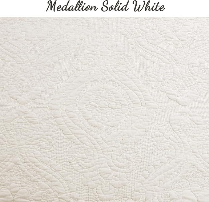 Cozy Line Home Fashions Ivory Cotton Quilt Set – 3-Piece Quilted Damask Medallion Bedspread with Shams, Textured All Season Elegant Bedding, Queen