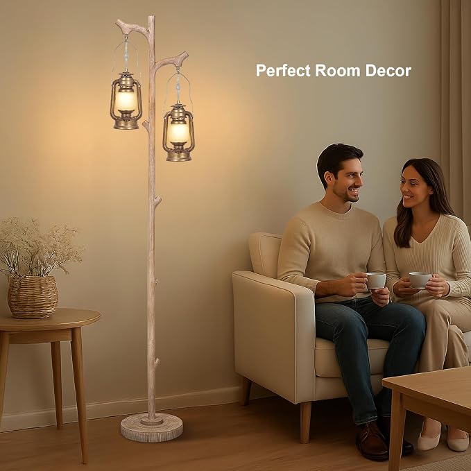 Scenekoy Vintage 68” Tall Resin Floor Lamp with Lanterns, Dimmable | Antiques Tree Trunk Finish Retro Standing Lamp, Stand Up Corner Lamp with Bulb Prefer for Living Room Bedroom Home Decor