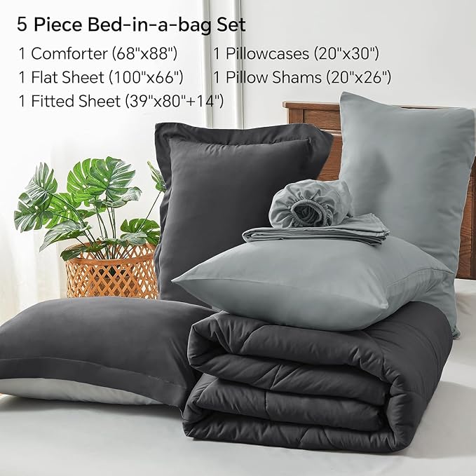 BEDELITE Twin XL Comforter Set 5 Pieces, Charcoal Black Bed in A Bag | Soft All Season Down-Alternative Comforter, Sheets, Pillowcases & Shams, OEKO-TEX Certified Bedding for Drom Room, College