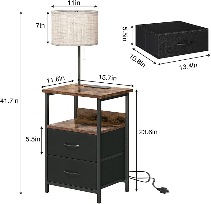 Fixwal Bedside Table with 3 Color Temperature Reading Light, Nightstand with LED Light & Charging Station End Table with Adjustable Fabric Drawer for Bedroom, Dorm, Rustic Brown