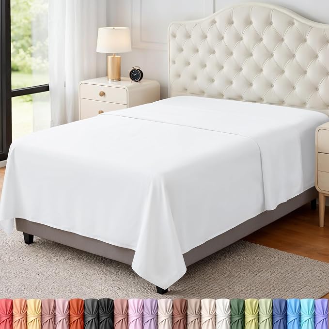 Twin Size Flat Sheet Only, Ultra Soft & Breathable Hotel Sheets, White | Hotel Bedding, Cooling Comfort, Smooth Feel, Wrinkle & Fade Resistant, Easy Care, Long-Lasting, Machine Washable, OEKO-TEX