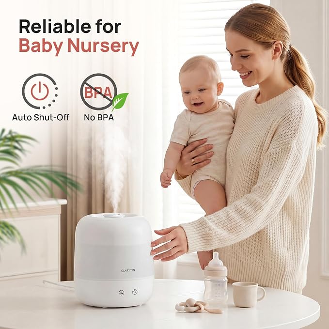 Clarston Humidifiers for Bedroom, 2L Cool Mist Humidifier, 24dB Quiet Sleep | 25H Runtime, Easy to Top Fill & Clean, Humidification for Baby Nursery & Plant, 360° Nozzle for Large Room, Nightlight,No BPA