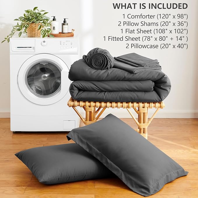 HIMEET Oversized King Comforter Sets, 7-Piece Point-Quilted, Dark Grey | OEKO-TEX Certified, Lightweight 240 GSM Comforter, Flat Sheet, 14-Inch Deep-Pocket Fitted Sheet, Pillowcases & Shams