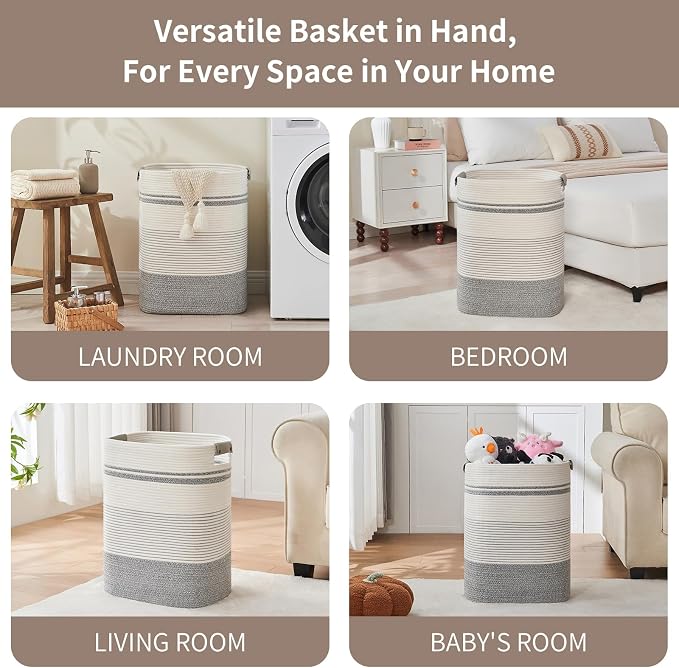 AINUOQI Laundry Basket with Handles - Blanket Basket & Hampers for Bedroom Aesthetic, Laundry Hamper & Blanket Storage for Living Room, Clothes Hamper, Tall, Large 17" x 14" x 22”, Grey & White