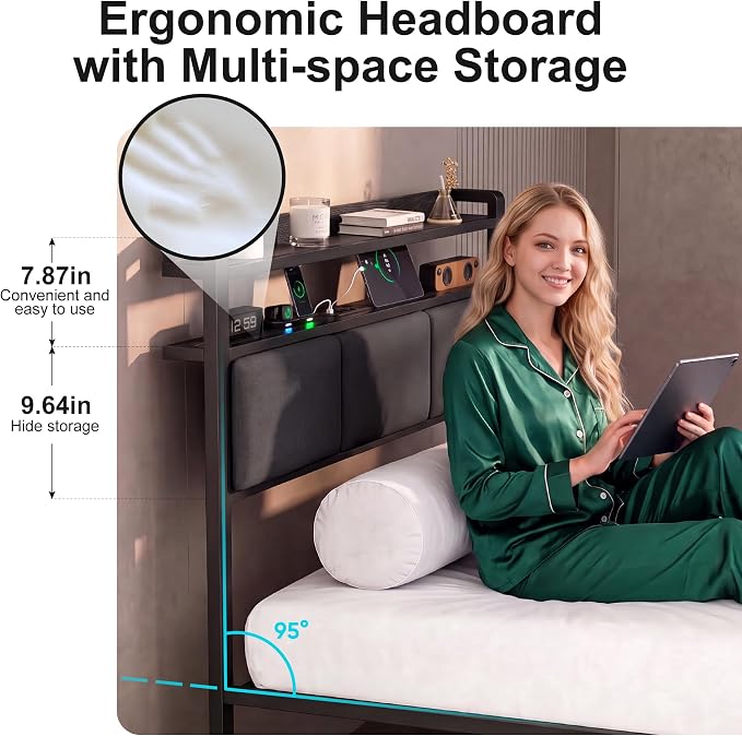 Twin Bed Frames with 2 Storage Drawers, Platform Bed with LED Lights & Charging Station, Upholstered Headboard with 2-Tier Shelves, Heavy Duty Metal Sltats, No Box Spring Needed, Noise Free