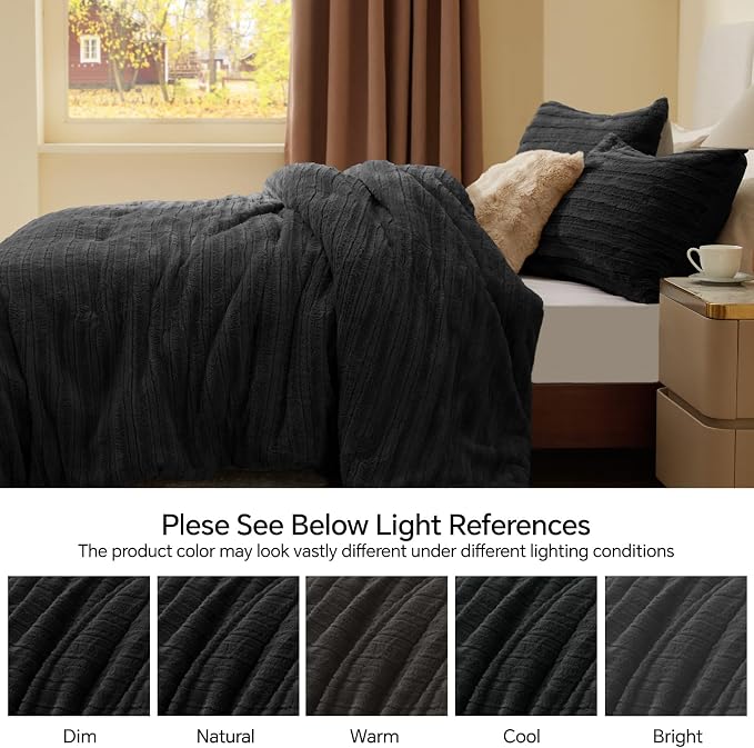 BEDELITE Faux Fur King Size Comforter Set, Fluffy Bed Set, Black | Super Soft & Warm, Luxury Fuzzy Cozy Comforter for Winter, Heavy Plush Bed set, with 2 Pillowcases