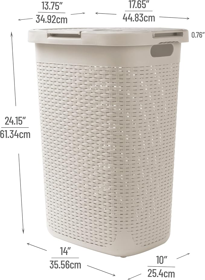 Mind Reader Tall Tapered Laundry Hamper with Lid, 60L Clothes Basket, Narrow Base Design for Bathrooms, Closets and Laundry Rooms, Plastic, 2 Pack, Ivory