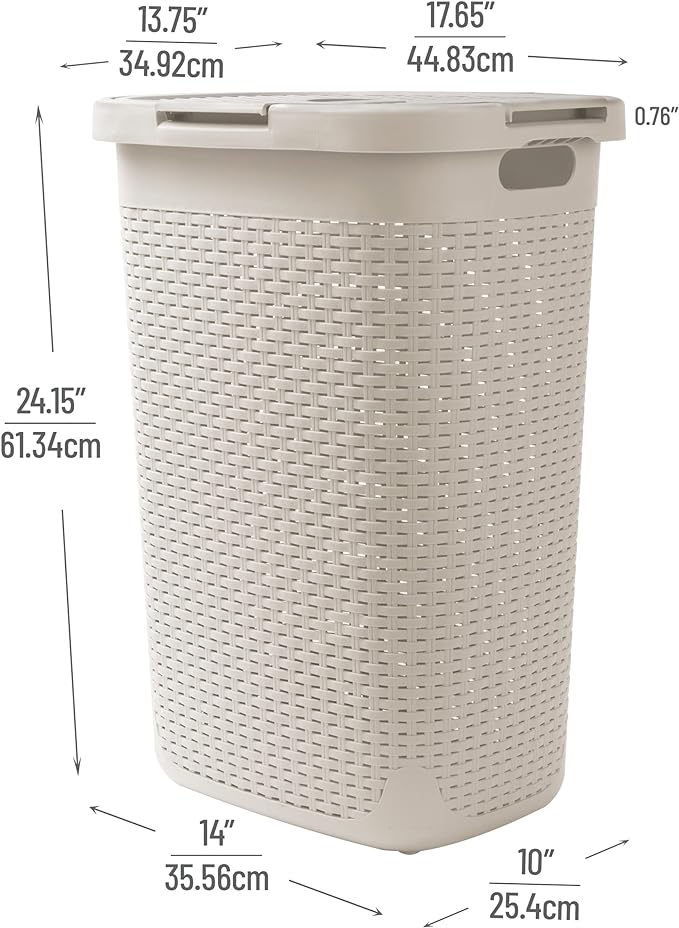 Mind Reader Slim Laundry Hamper with Lid, 60L Tall Clothes Basket, Narrow Tapered Design for Bathrooms, Closets and Laundry Rooms, Plastic, Ivory