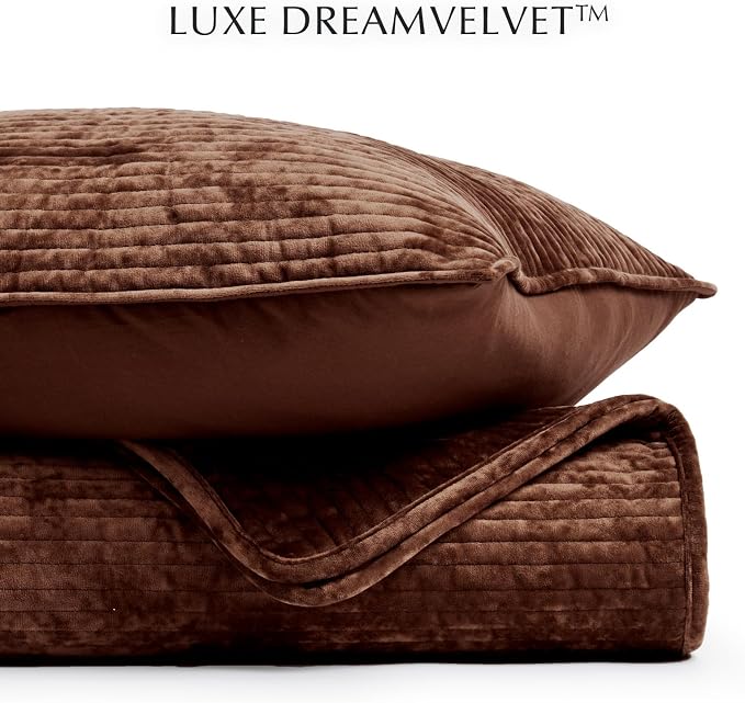 EverGrace Velvet Quilt Set, Oversized California King 118"x106", Rust Brown | Luxurious Soft Velvet Comforter, Striped Channel Bedding Set, Lightweight Bedspread Coverlet for All Season, with 2 Shams