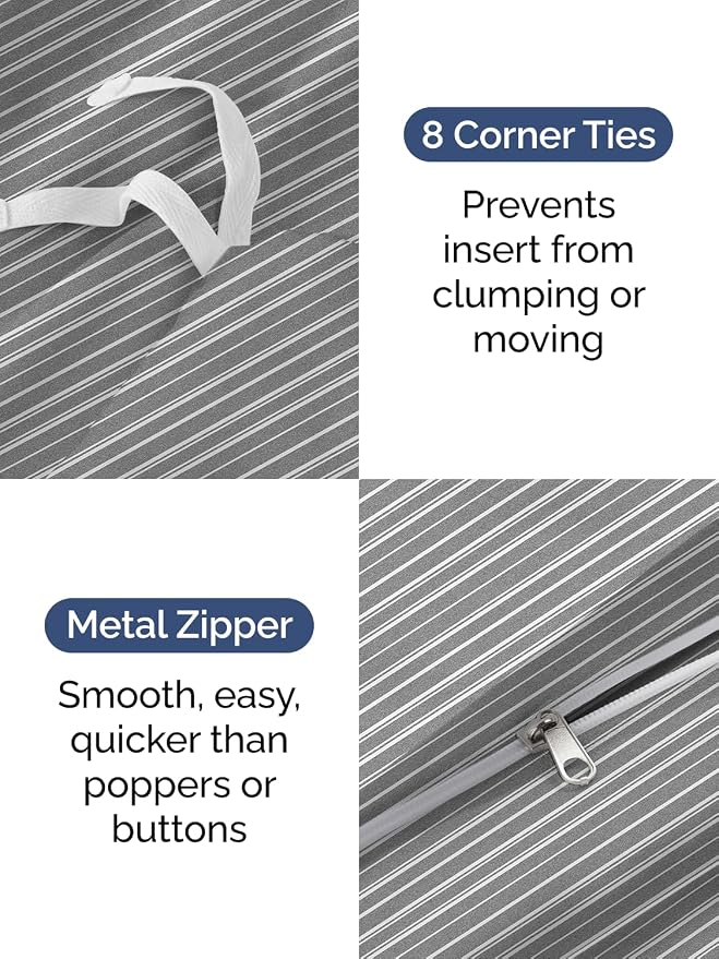 Duvet Cover Full Size - 3 Piece with Zipper Closure - Grey Stripes | Extra Soft, Breathable, Full Duvet Cover 80" x 90" with 2 Pillow Shams, Zipper Closures & Ties, Women, Men, Kids & Teens