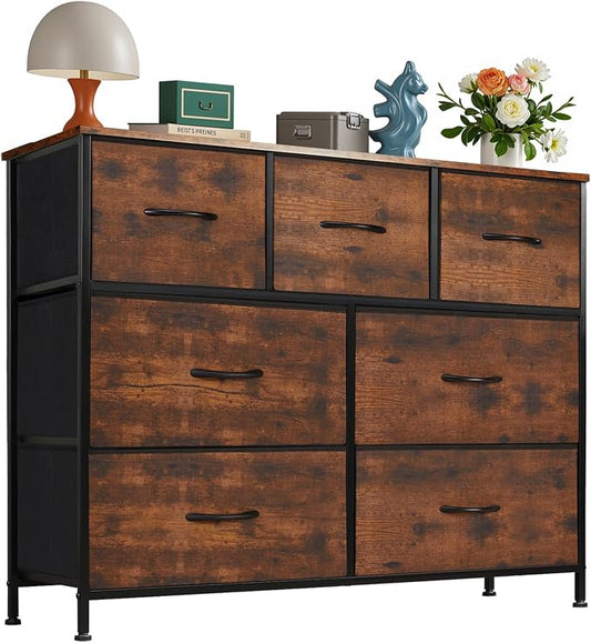 OLIXIS 7 Drawer Fabric Dresser, Storage Tower for Bedroom and Closet | Easy-Pull Bins for Closet Organizers, Chest of Drawers with Sturdy Steel Frame & Wooden Top for Living Room, Entryway, Brown