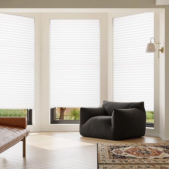 MYshade 6 Pack Temporary Light Filtering Paper Shades for Windows,Paper Pleated Blinds with Adhesive,No Tools No Drilling Free Cut Size Temporary Room Darkening Shades(White, 48" W x 72" H)