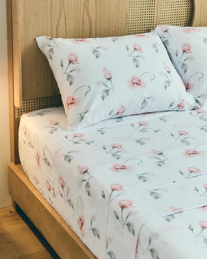 Cal King 4 Piece Floral Sheet Set - Soft, Breathable & Cooling - Rosebud | 1 Flat, 1 Fitted & 2 Pillowcases w/ Deep Pockets, Boho Botanical Floral Bedding, Breathable & Cooling, Wrinkle & Fade Free