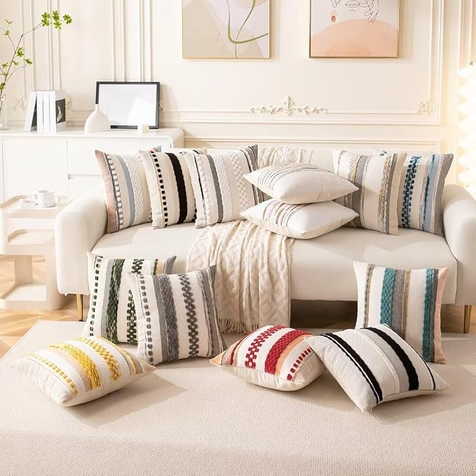 Boho Throw Pillow Covers Decorative Neutral Farmhouse Pillow case | 18x18 Set of 2 Cushion Case Striped Square Pillows Cover Couch Pillow Cases Accent Pillowcase for Sofa Bed,Yellow