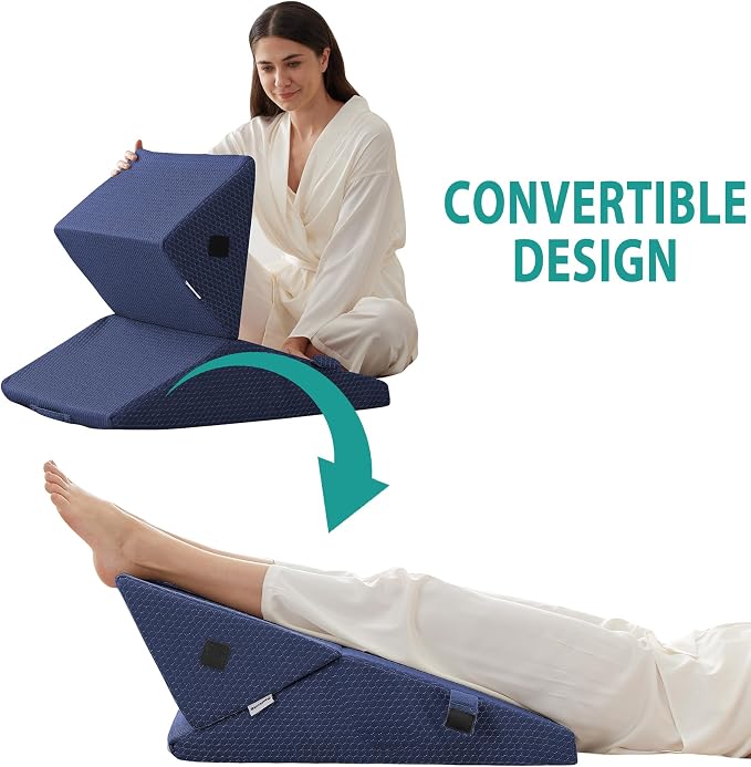 Wedge Pillow for Sleeping, Adjustable 9&12 Inch Foldable Bed Wedge Pillow Set, Orthopedic Memory Foam Triangle Pillows Wedge, 7-in-1 Elevated Pillows for Leg and Back Support, Navy