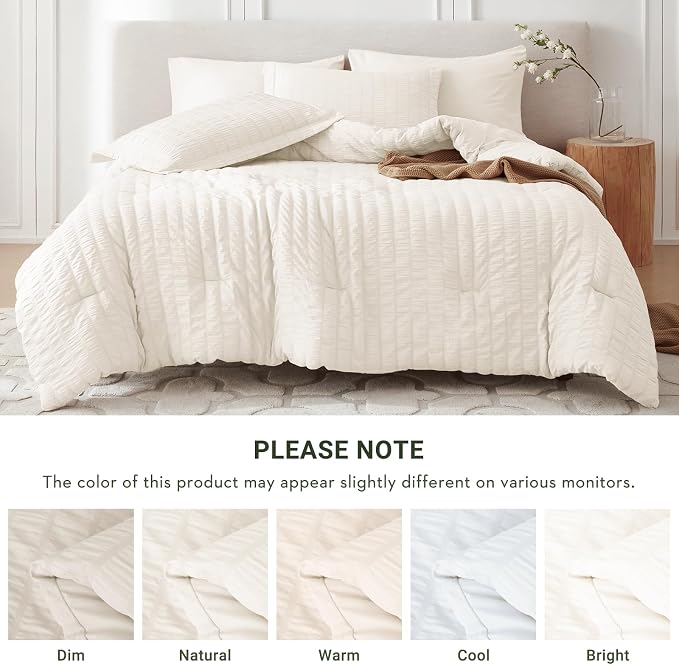 7 Pieces California King Comforter Set, Seersucker Bed in a Bag Cal King Size, All Season Luxury Bedding Set with Comforter, Flat Sheet, Fitted Sheet, Pillowcases & Shams, Ivory