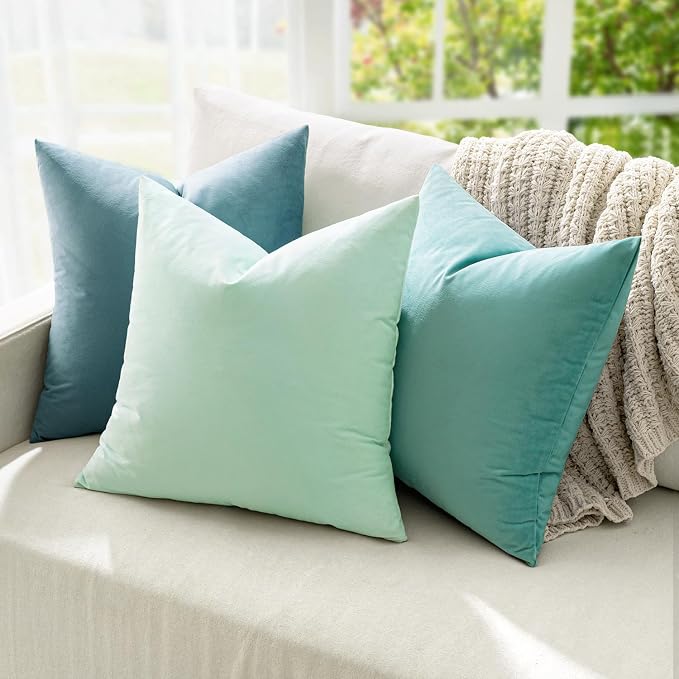 MIULEE 26x26 Inch Pack of 2 Euro Velvet Throw Pillow Covers Aqua Green | Soft Solid Decorative Euro Sham, Modern Luxury Home Decor, for King Bed Sofa Couch Bedroom Livingroom
