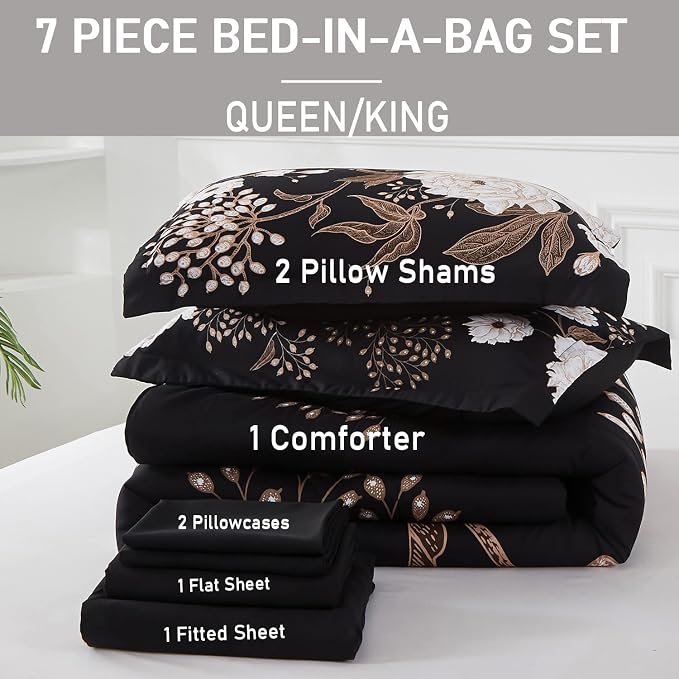 Yogeneg 7 Piece Bed in a Bag King Size Comforter Set Botanical Floral Bedding Set,White Flower Leaves Printed on Black Reversible Design,Soft Microfiber Comforter with Sheet Set,All Season(Black,King)