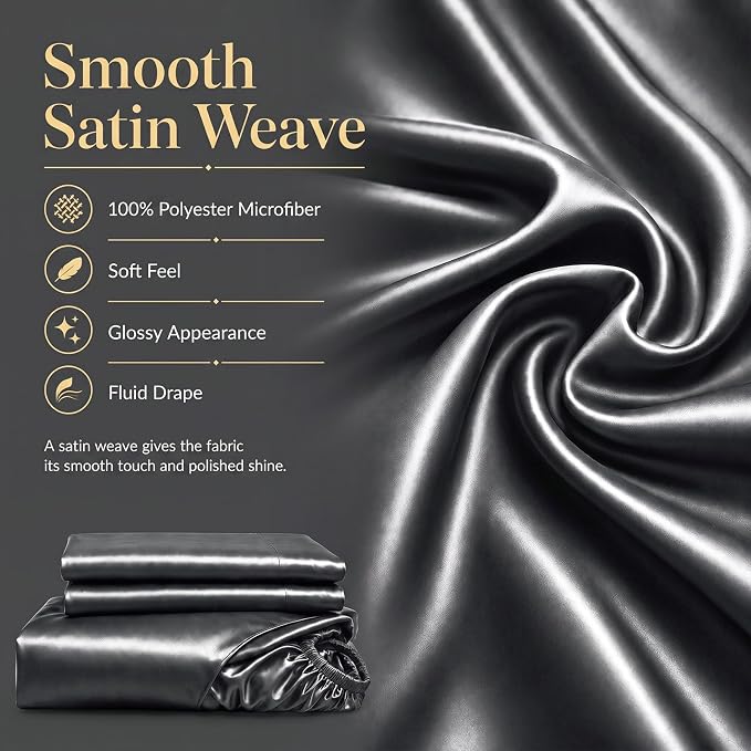 CozyLux Satin Sheets Full, 6-Piece 14-Inch Deep Pocket Sheet Set | OEKO-TEX Certified Silky Soft Sheet Set for Hair & Skin, Luxurious Silky-Smooth Satin for Elegant Bedroom Decor, Dark Grey