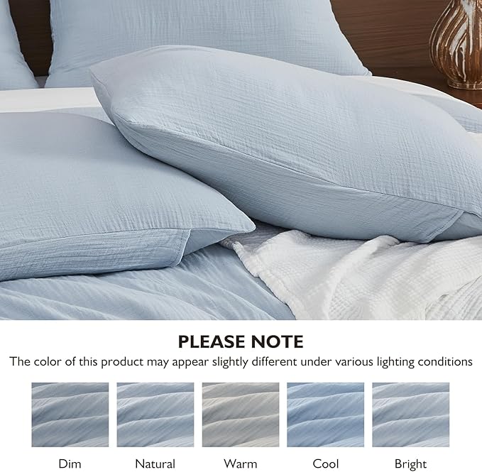 EMME Muslin Cotton Duvet Cover Set Blue King Size Linen Like Soft Breathable Lightweight Summer Comforter Cover Set with Zipper Closure (Blue, King, 104"x90")