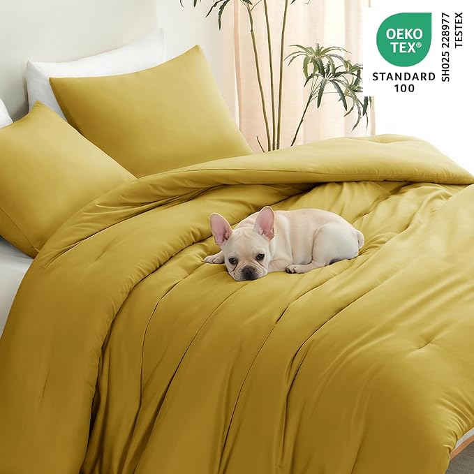 Queen Comforter Set 3-Piece Down Alternative Bedding Mustard Yellow | 270 GSM All Season Comforter with 4 Corner Ties for Use as a Duvet Insert, OEKO-TEX Certified, 2 Pillowcases, 88 x 88 in