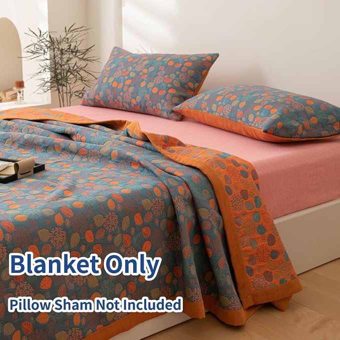 100% Cotton Muslin Blanket Jacquard Rustic Floral Leaves Print Quilt, Soft Bed Cover 3 Layers Reversible Bedspread Coverlet Breathable Lightweight Bedding Twin(59"x94"), No Pillow Sham