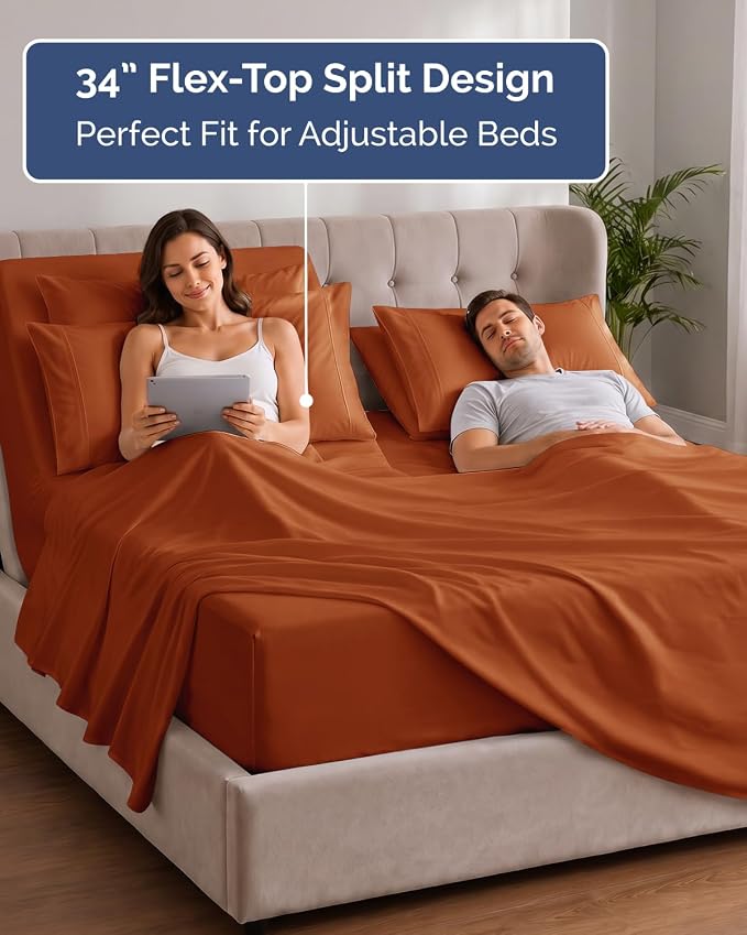 Extra Deep Flex Top Split Head King Sheet Set - 6 Piece Breathable and Cooling Sheets - Hotel Luxury Bedding for Women, Men, Kids & Teens - Easy Secure Fit - Extra Deep Pockets - Terracotta
