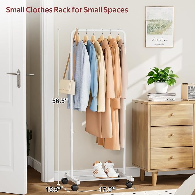 KIMBORA Small Clothing Rack with Wheels, Portable Clothes Racks for Hanging Clothes, 56" Metal Rolling Garment Rack for Coats, Jackets, and Shirts, White