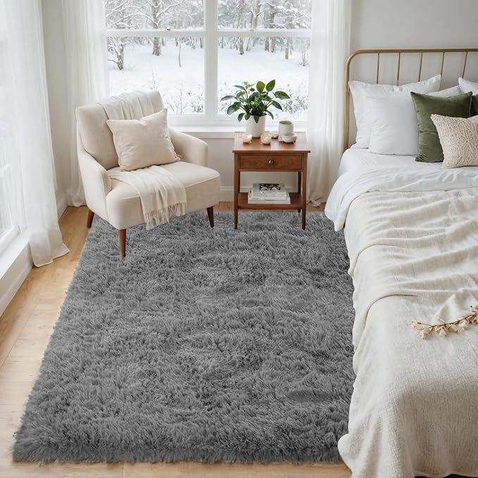 4x6 Fluffy Shag Area Rugs for Living Room Bedroom: Soft Carpet Light Gray | Upgraded Non-Slip Thick Memory Foam, Ultra Soft, Non-Shedding Fuzzy Carpet, Easy Clean Decor for Kids Room, Nursery, Playroom
