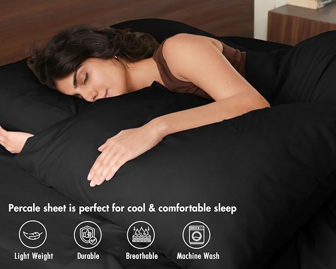 RUVANTI 100% Cotton Percale Sheets Split King Size, Jet Black | Crisp Cooling, Deep Pocket 16", Soft Breathable & Durable, Hotel-Style, 5 Piece Set